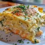 Plat de lasagnes au scampi de crevettes à l’ail et au beurre, gratiné et doré au four