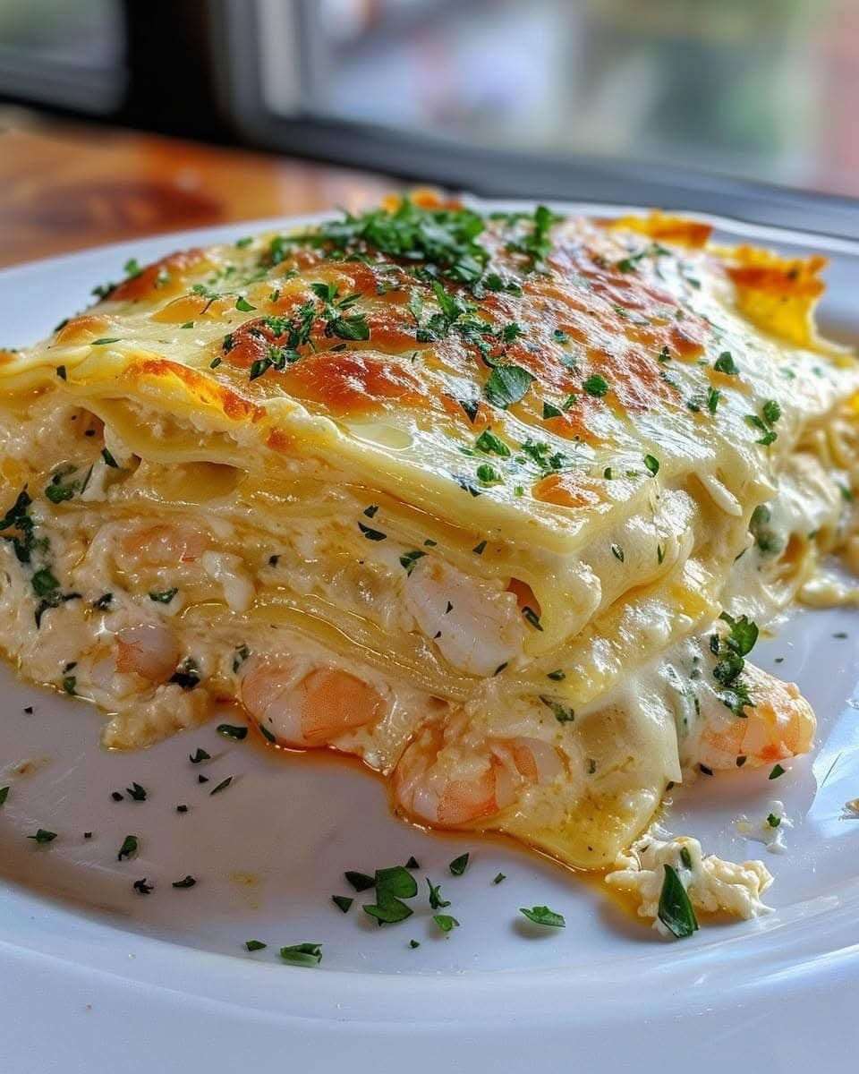 Plat de lasagnes au scampi de crevettes à l’ail et au beurre, gratiné et doré au four