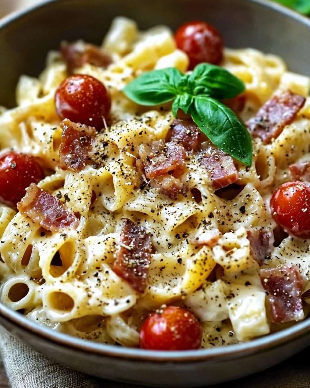 Assiette de pâtes au Boursin et lardons, garnie de tomates cerises et de persil frais