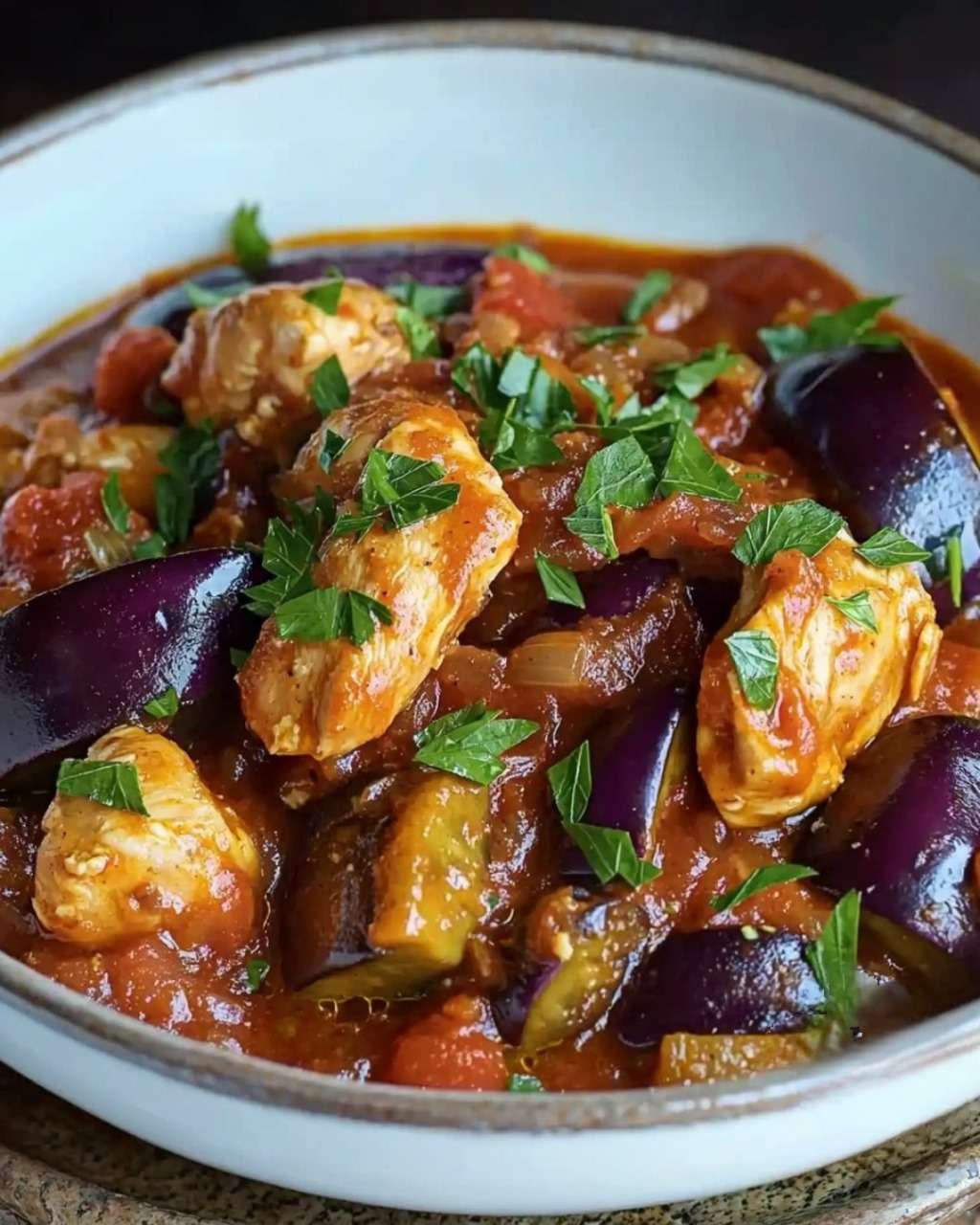 Un plat de ragoût de poulet aux aubergines et épices orientales, servi avec des herbes fraîches et du pain.