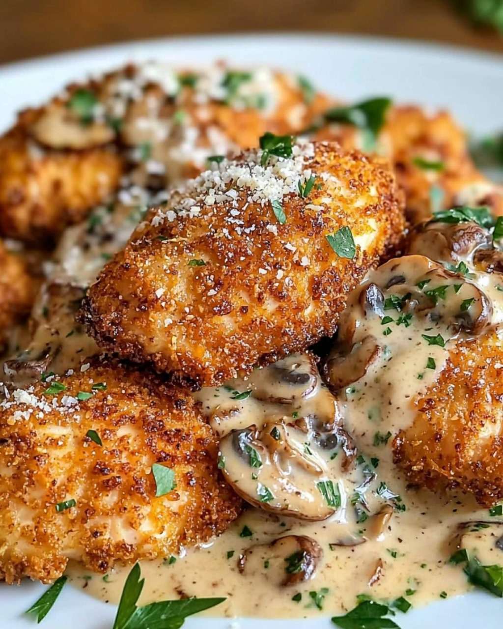 Poulet croustillant accompagné d'une sauce crémeuse aux champignons, garni de persil frais et servi avec des pâtes.