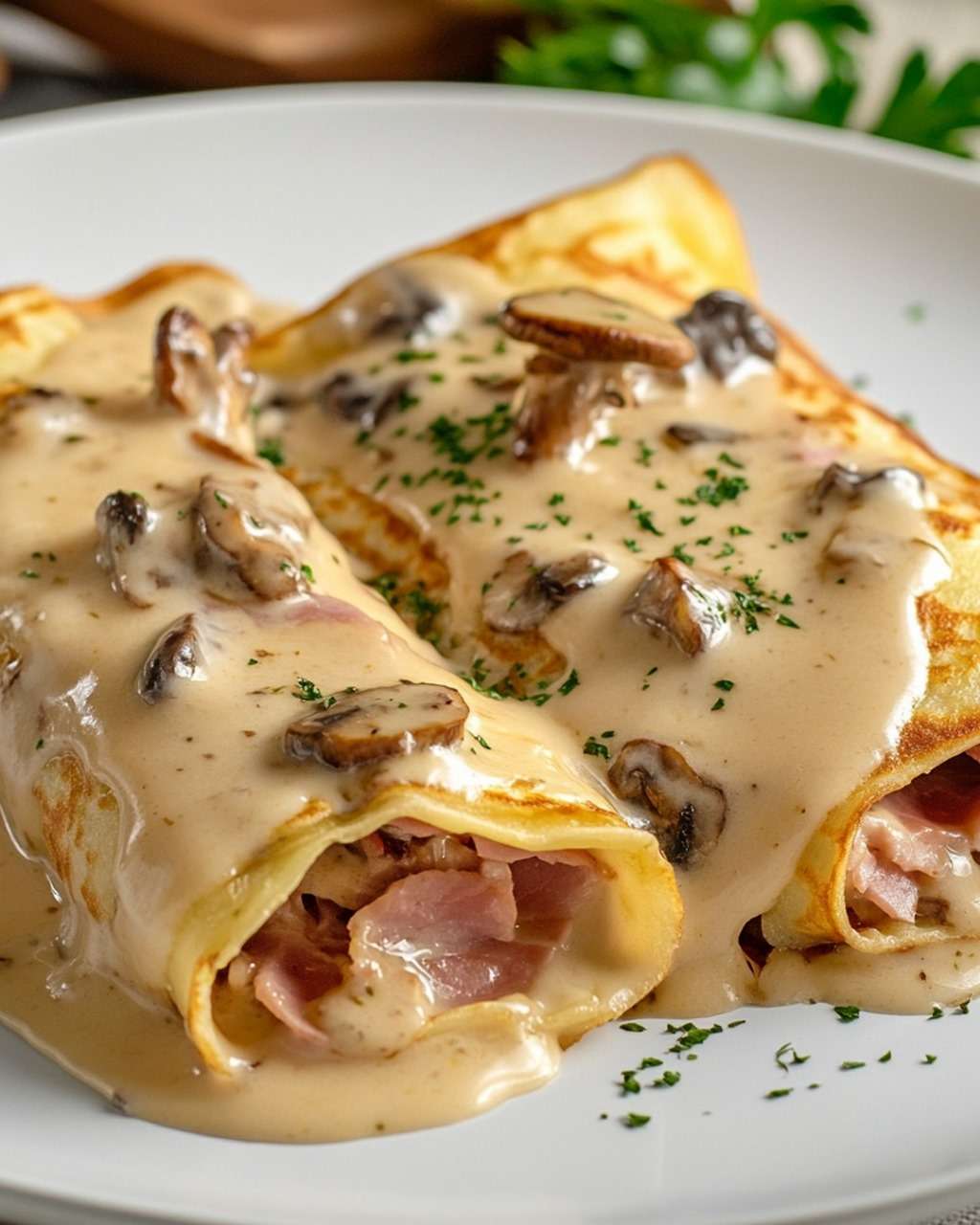 Une Ficelle Picarde dorée et gratinée, servie dans un plat à gratin, avec une salade verte en accompagnement.