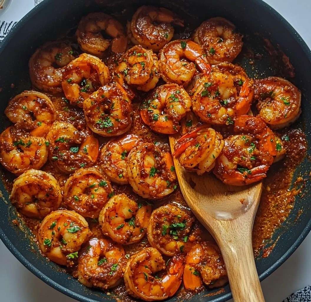 Crevettes sautées nappées d’une sauce épicée rouge, garnies de persil frais et servies avec du riz.