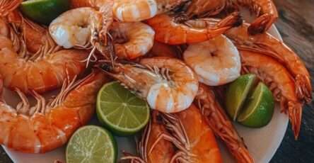 Crevettes bouillies, servies avec des quartiers de citron et de lime, garnies de persil frais.