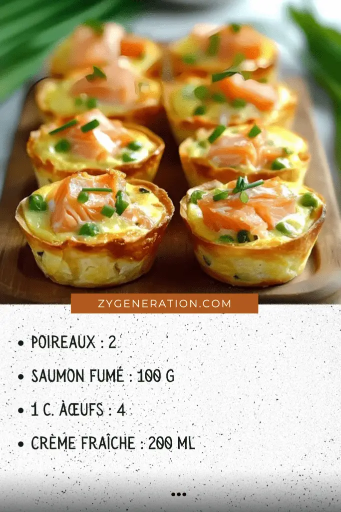 Mini quiches dorées aux poireaux et saumon fumé, décorées de ciboulette sur une assiette élégante