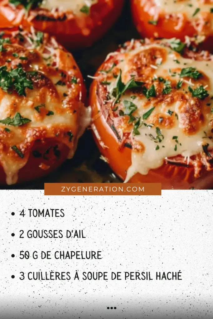 Tomates à la provençale garnies de chapelure dorée, persil et basilic dans un plat au four