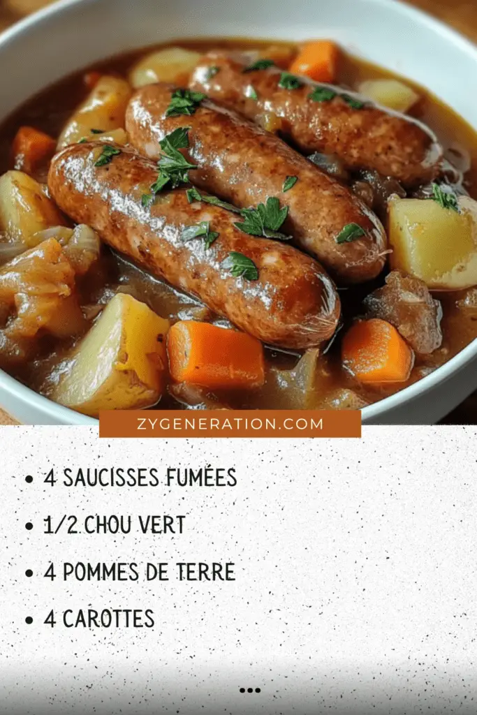 Potée aux saucisses fumées et légumes, servie dans une cocotte fumante avec des herbes fraîches