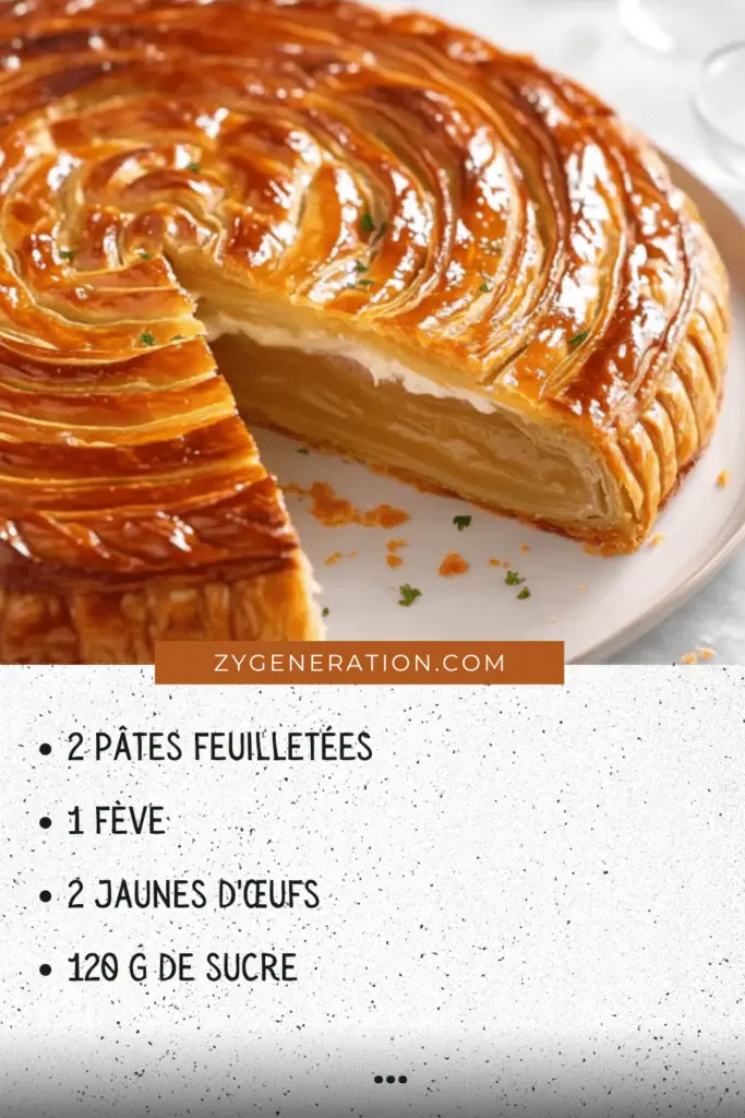 Galette des rois dorée à la crème pâtissière, garnie d'amandes et décorée de motifs festifs