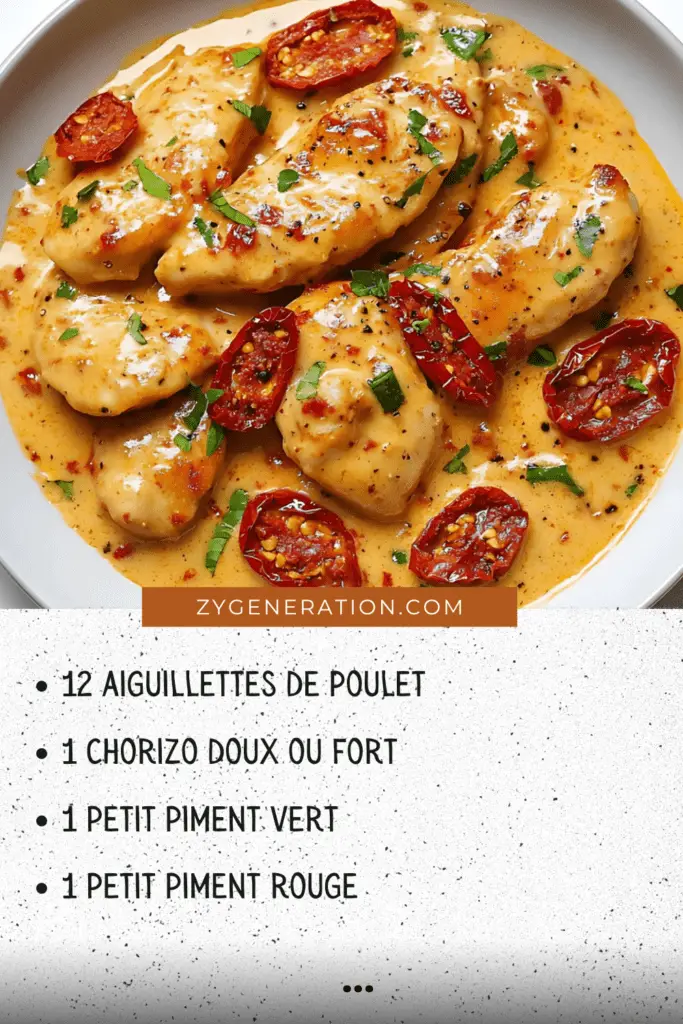 Aiguillettes de poulet nappées de sauce crémeuse au chorizo, garnies de piments et de tomates confites, servies dans une assiette élégante