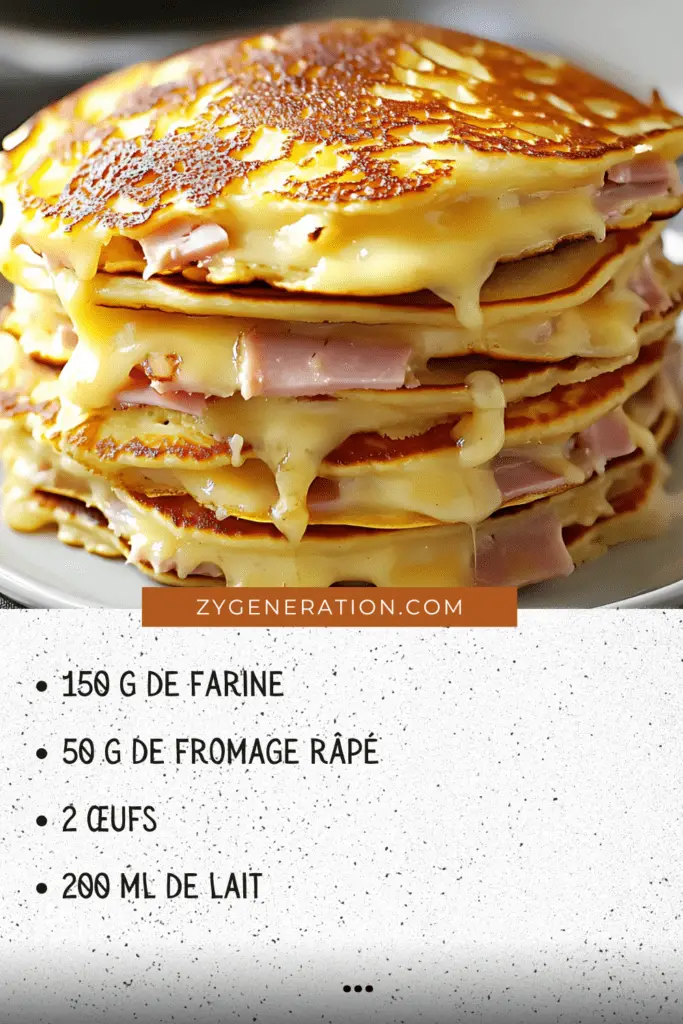 ancakes salés dorés, garnis de fromage fondu et morceaux de jambon, servis avec une salade verte et de la ciboulette fraîche
