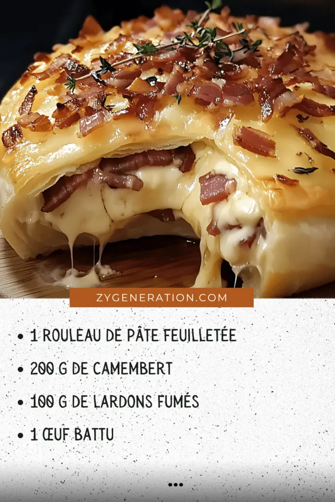 Feuilleté doré au camembert fondant et lardons croquants, nappé de miel et garni de thym frais