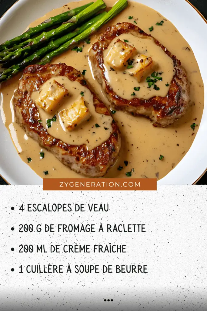 Escalopes de veau dorées nappées de sauce à la raclette et crème fraîche, accompagnées de pommes de terre rôties