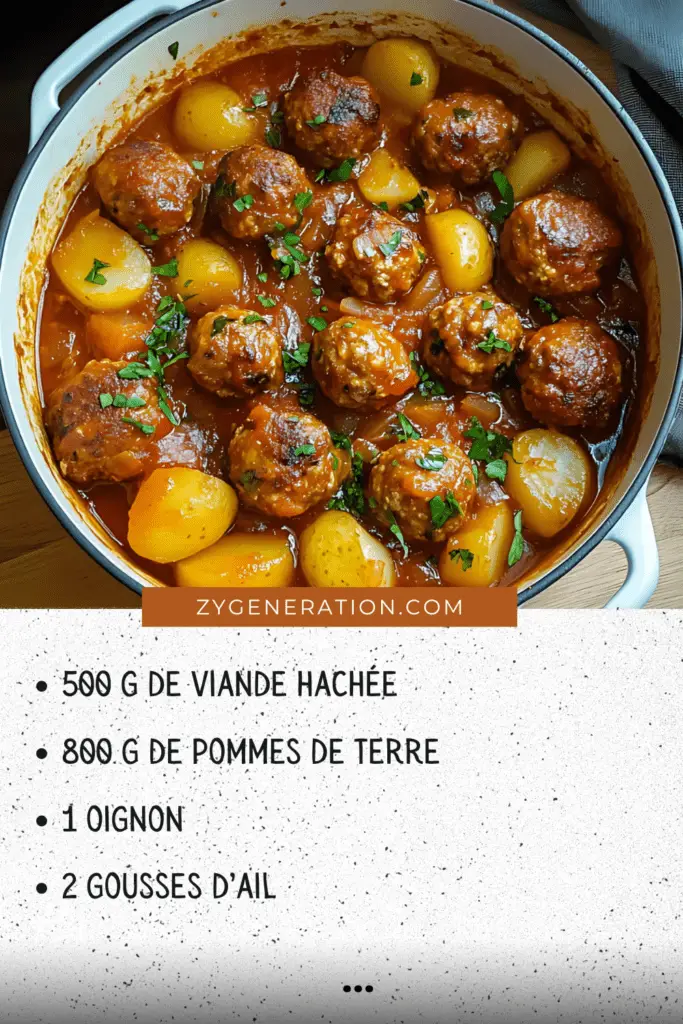 Ragoût de pommes de terre avec boulettes de viande hachée, carottes, céleri et tomates dans une cocotte fumante