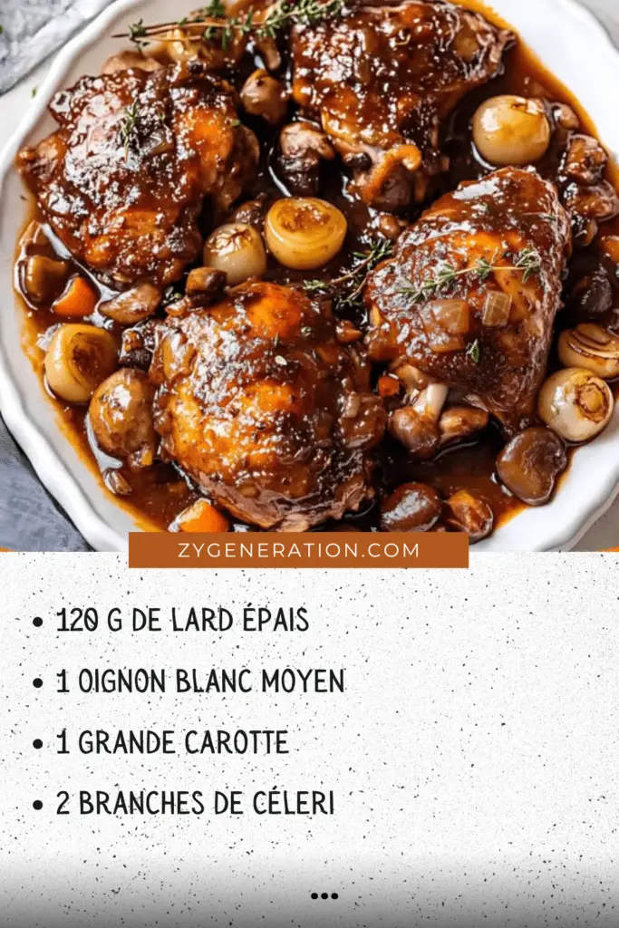 Plat de Coq au Vin traditionnel avec légumes et sauce vin rouge