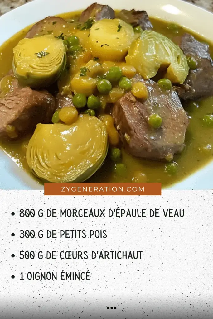 Ragoût de veau aux petits pois et cœurs d'artichaut dans une cocotte