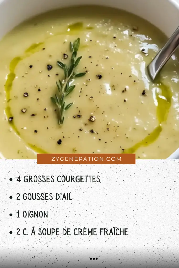 Bol de velouté de courgettes garni de feuilles de thym et d’un filet de crème fraîche