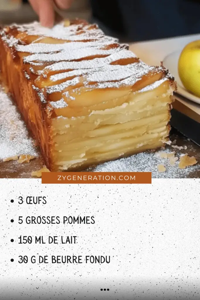 Cake aux pommes fondant saupoudré de sucre glace et tranches dorées