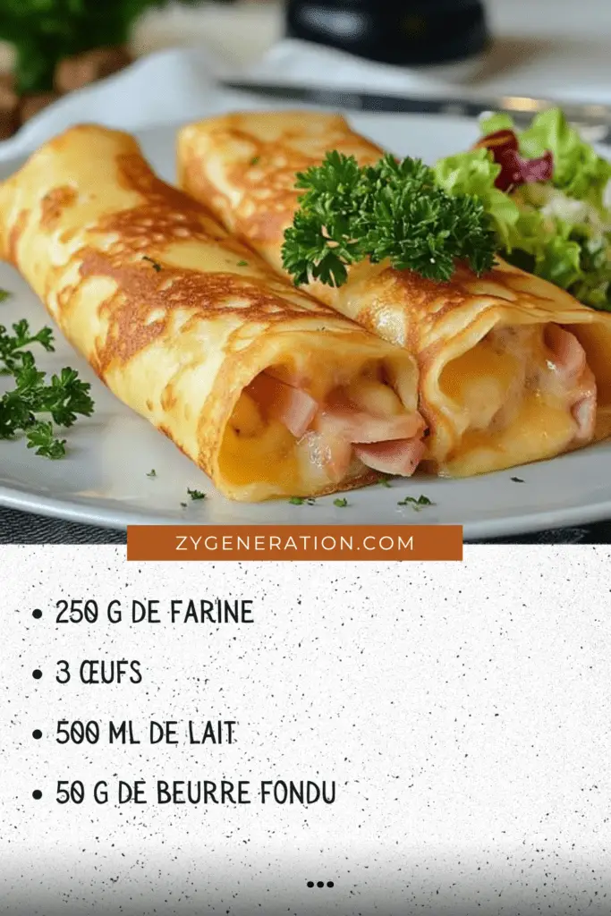 Crêpes roulées au jambon et fromage gratinées au four avec une garniture dorée