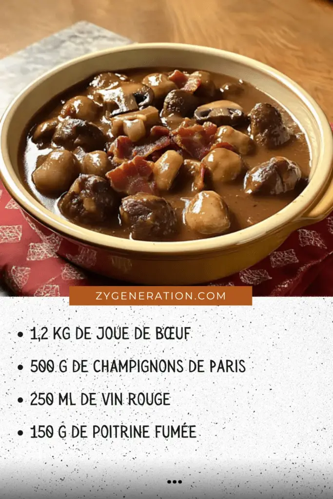 Joue de bœuf mijotée avec champignons et sauce au vin rouge