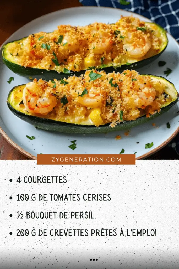 Courgettes gratinées aux crevettes, chapelure Panko dorée et persil frais