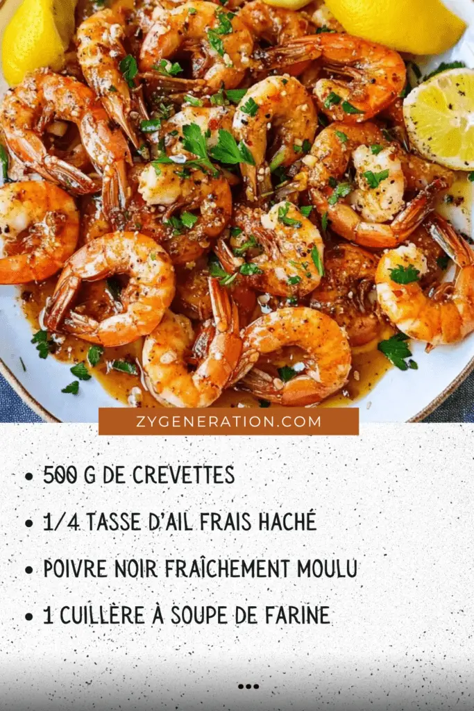 Crevettes hawaïennes au beurre et à l’ail dorées dans une poêle avec persil et citron