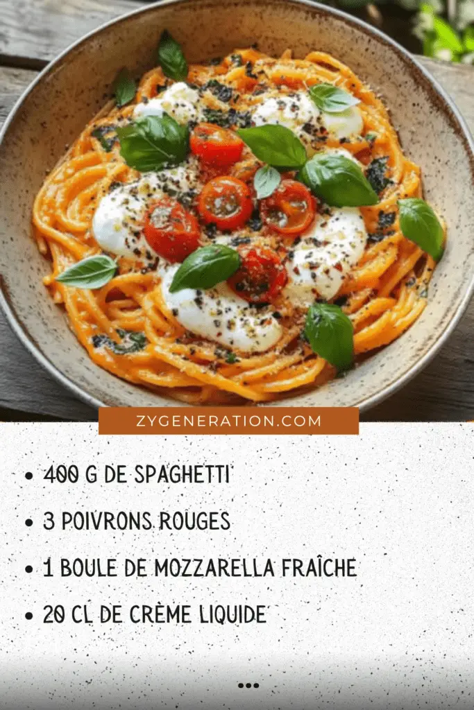 Assiette de spaghetti à la crème de poivron rouge et mozzarella fondante garnie de basilic frais