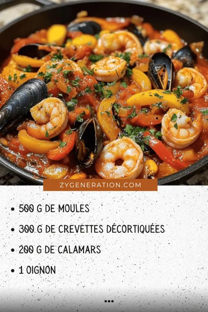 Poêlée espagnole de fruits de mer garnie de poivrons rouges et verts dans une poêle