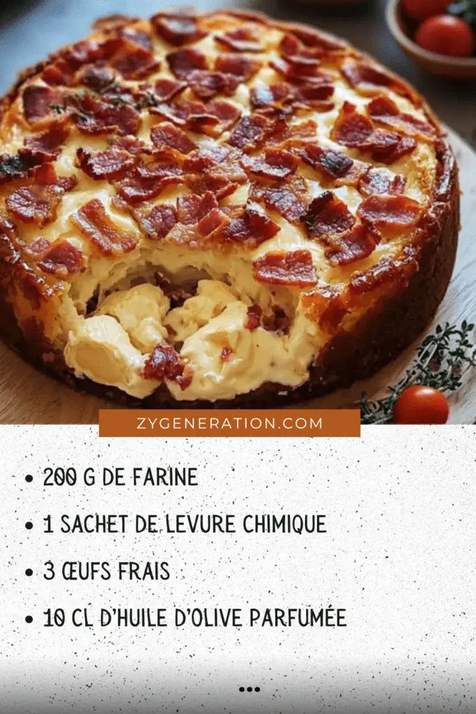 Cake au camembert fondant et lardons dorés coupé en tranches sur une assiette