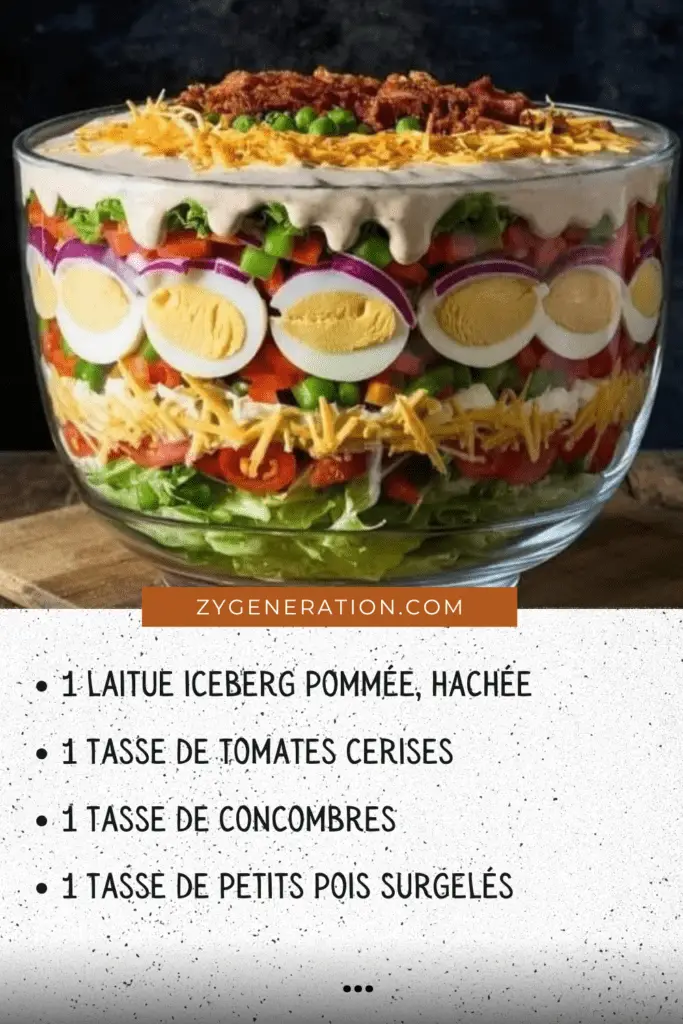 Salade à sept étages dans un bol en verre avec des couches colorées de légumes, œufs, cheddar et bacon