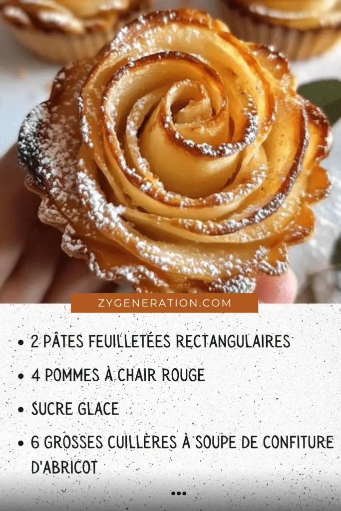 Roses feuilletées aux pommes dorées et saupoudrées de sucre glace, disposées sur une assiette.