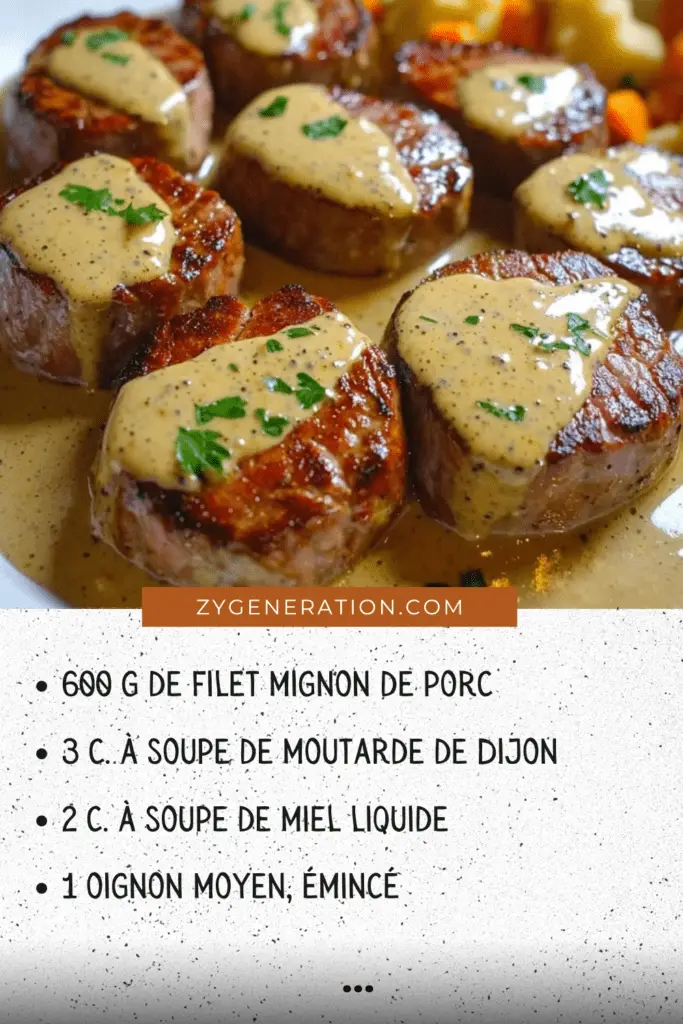 Filet mignon tranché, nappé d'une sauce crémeuse à la moutarde et au miel, servi avec des légumes de saison.