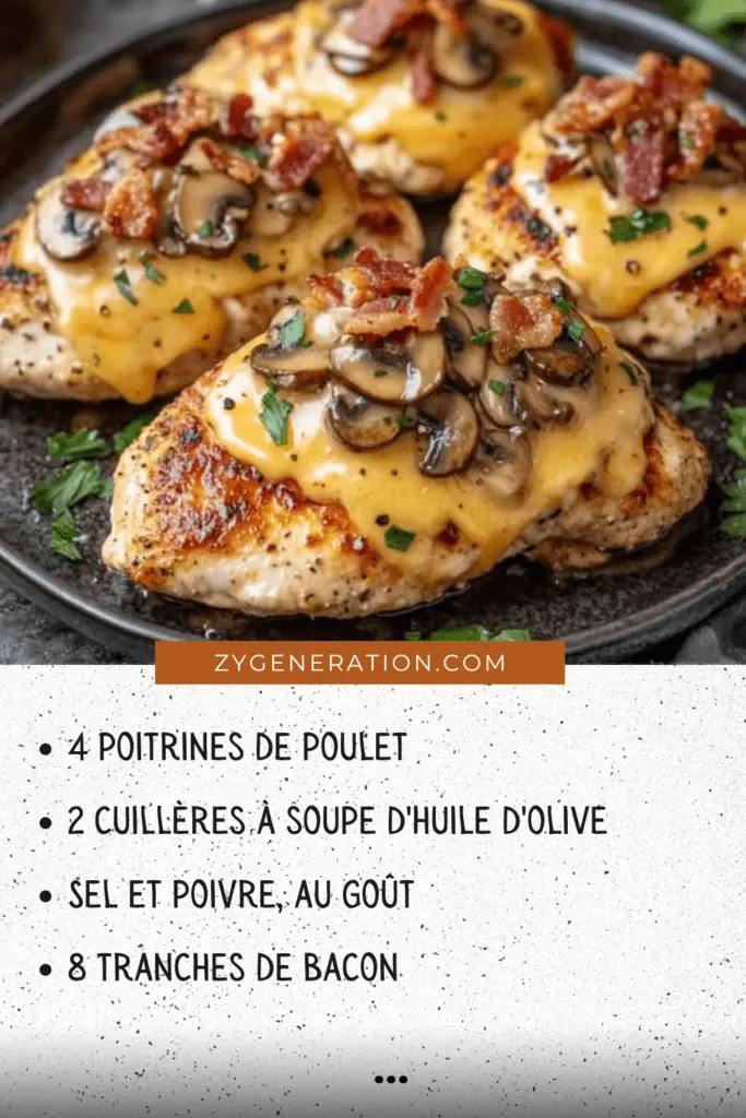 Poitrines de poulet garnies de bacon croustillant, champignons et fromage fondu, nappées de sauce moutarde au miel.