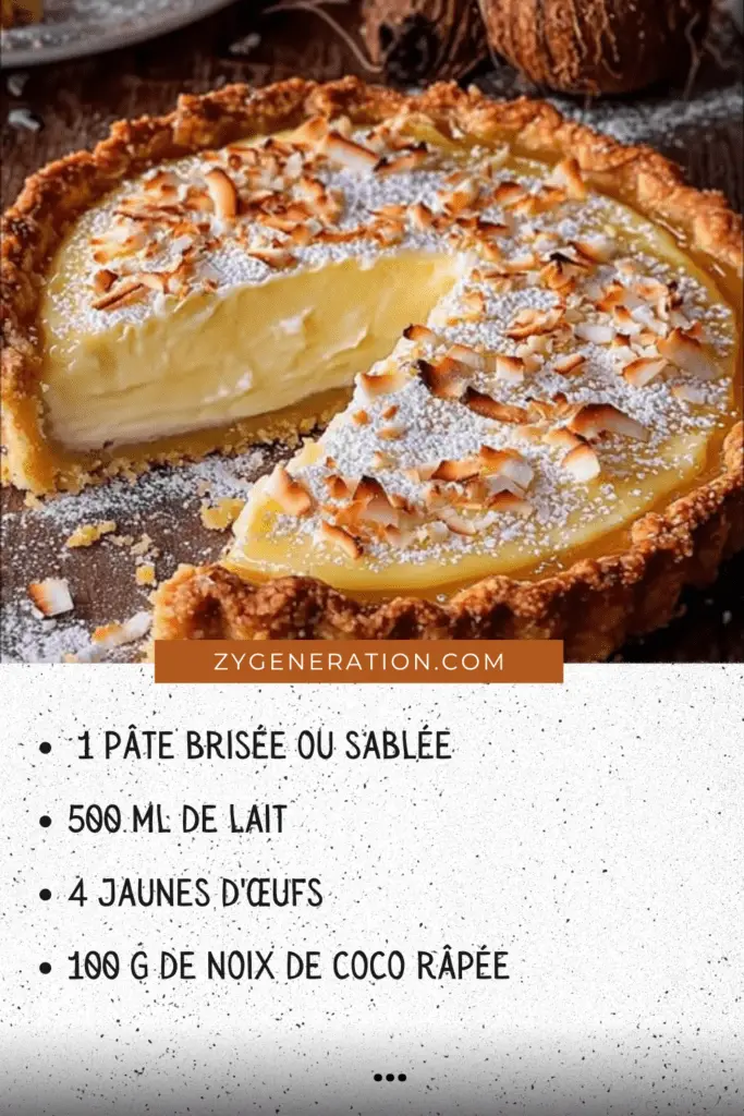 Une tarte à la crème coco dorée, garnie de noix de coco râpée, présentée sur un plateau tropical.