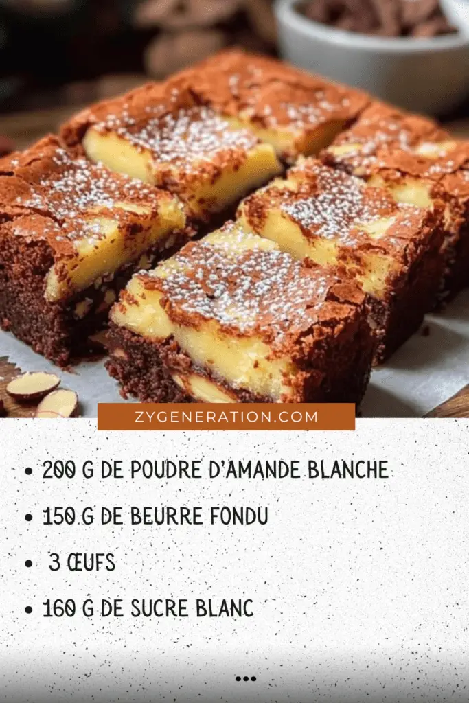 Carrés de frangipane façon brownies aux amandes, dorés et parfumés au rhum, servis sur une assiette avec des amandes effilées.