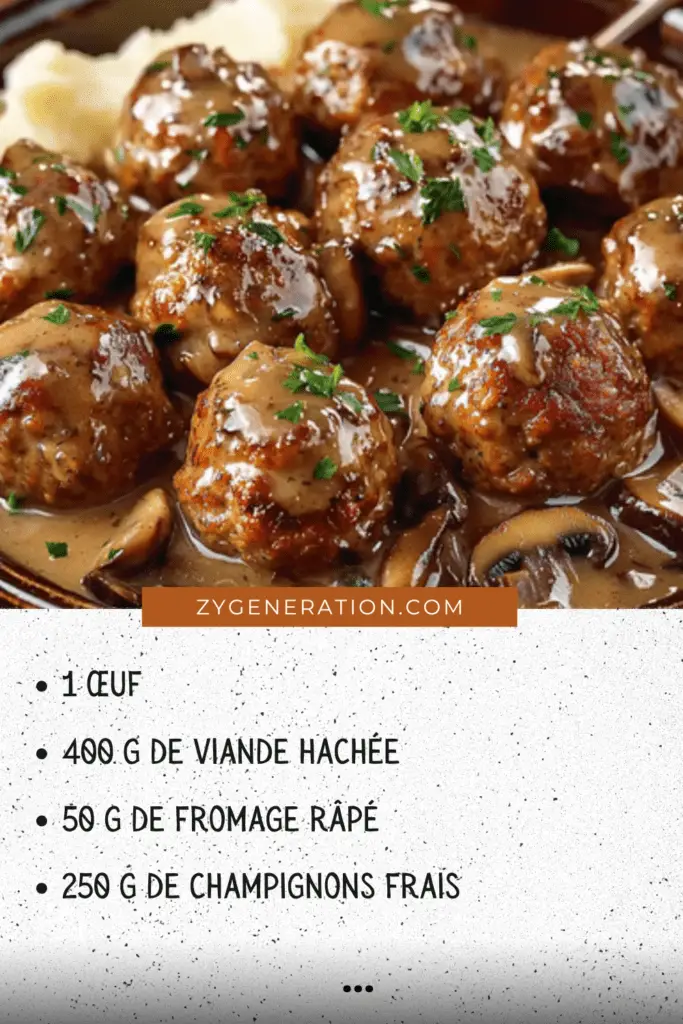 Boulettes de viande dorées servies dans une sauce crémeuse aux champignons, garnies de ciboulette fraîche et accompagnées de tagliatelles.