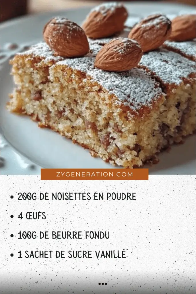 Un gâteau aux noisettes doré et moelleux, saupoudré de sucre glace, servi sur une assiette avec des noisettes entières en décoration.