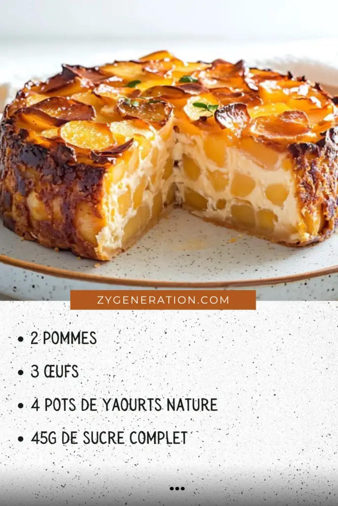 Flan au yaourt et aux pommes doré, garni d’amandes effilées, servi sur une assiette avec une cuillère.