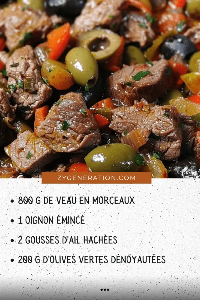  Sauté de veau mijoté avec des olives vertes et des tomates, servi dans une cocotte, garni de persil frais.