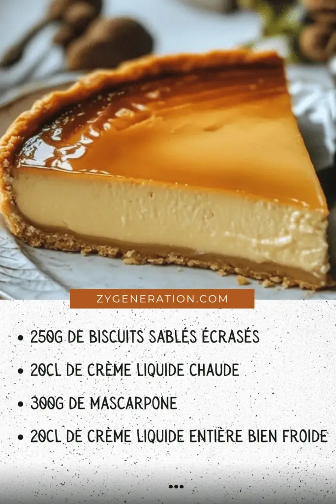 Tarte au caramel et crème légère, joliment décorée avec un filet de caramel doré, servie sur une assiette avec une cuillère en argent.