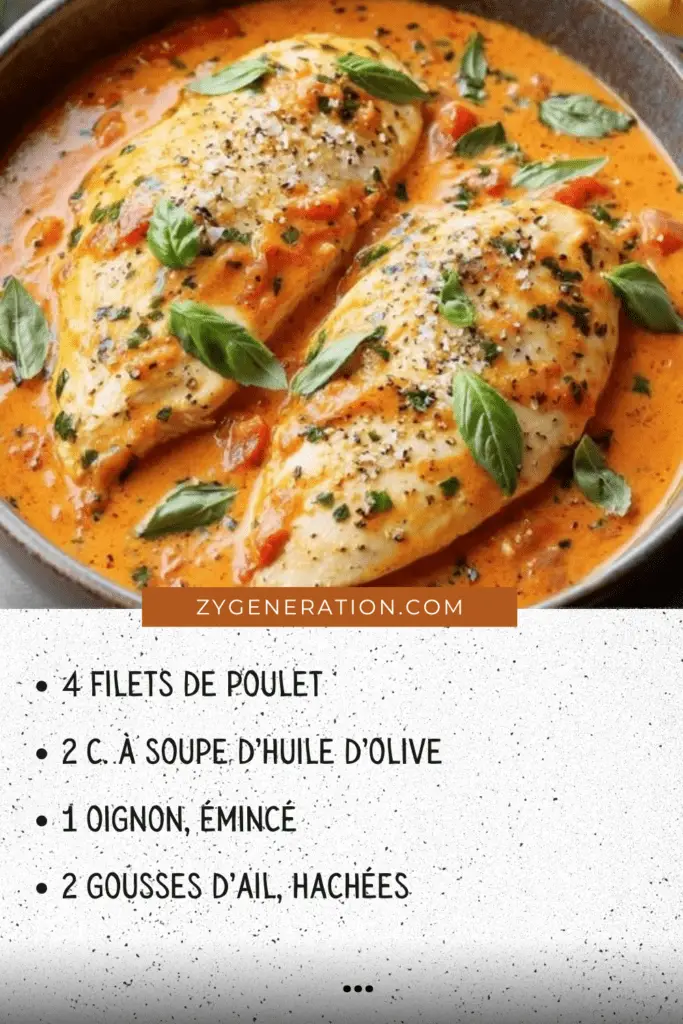 Filets de poulet nappés d'une sauce crémeuse à la tomate, garnis de basilic frais, servis avec du riz et des légumes grillés.