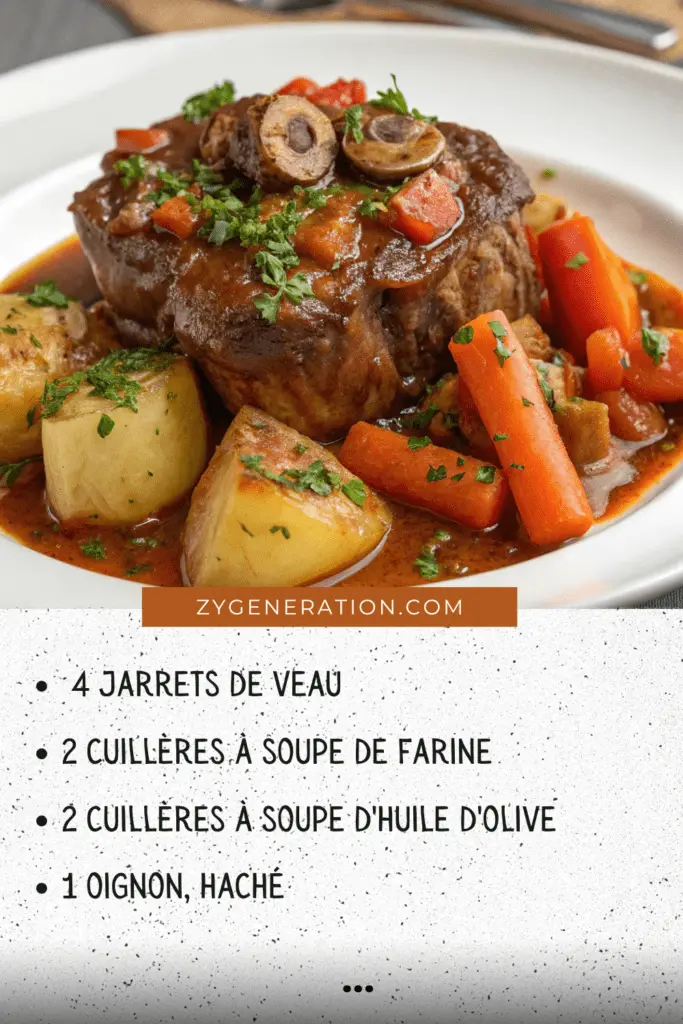 Osso Buco mijoté avec jarrets de veau, légumes colorés et sauce onctueuse, servi dans une assiette avec du risotto crémeux.