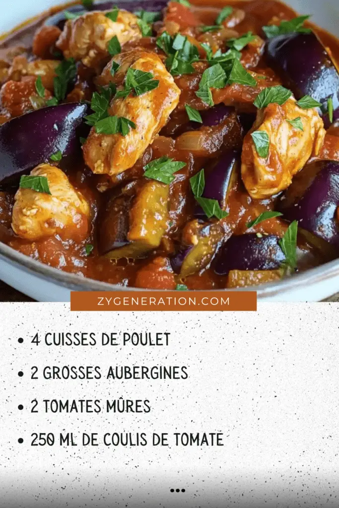 Un plat de ragoût de poulet aux aubergines et épices orientales, servi avec des herbes fraîches et du pain.