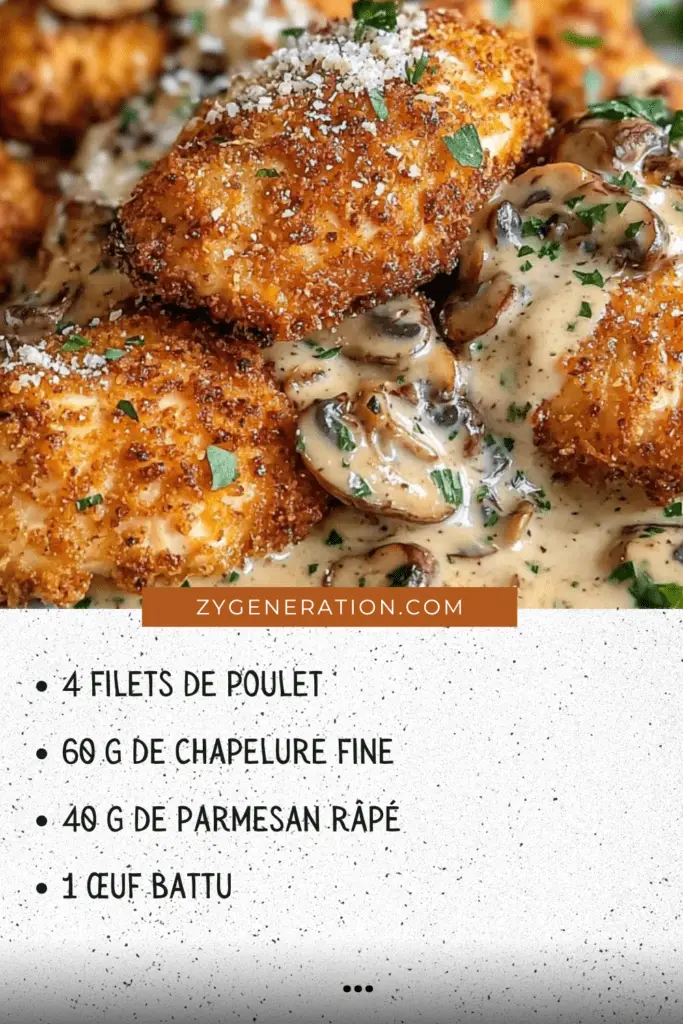 Poulet croustillant accompagné d'une sauce crémeuse aux champignons, garni de persil frais et servi avec des pâtes.