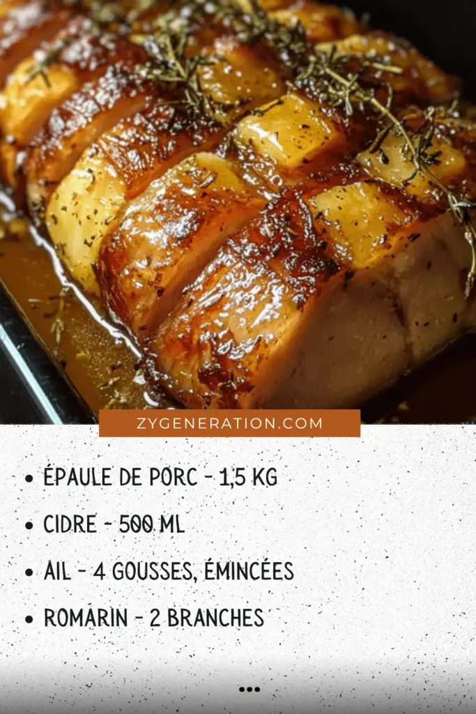 Une épaule de porc rôti au cidre, garnie de romarin et servie avec des pommes caramélisées et des légumes rôtis.