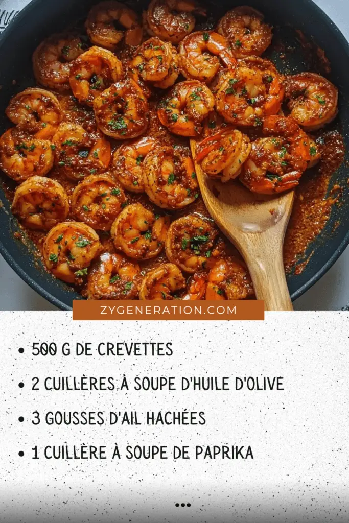 Crevettes sautées nappées d’une sauce épicée rouge, garnies de persil frais et servies avec du riz.