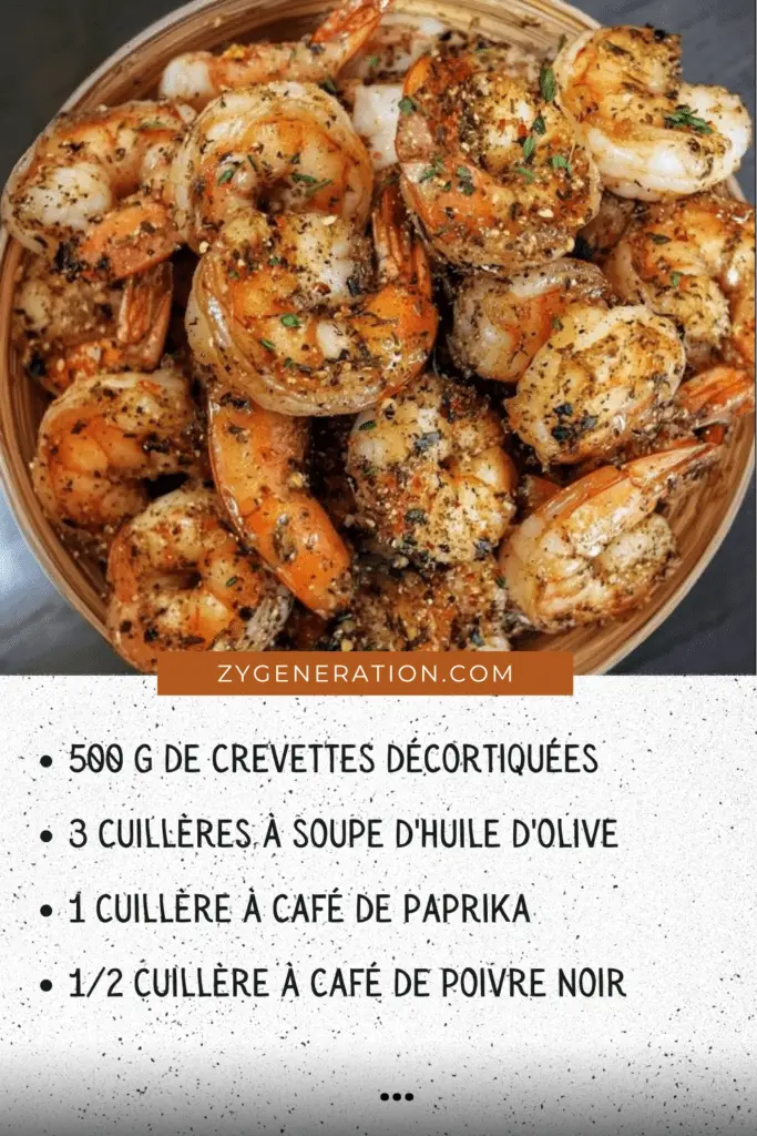 Crevettes épicées dorées, cuites au four, servies avec du citron et du persil frais.