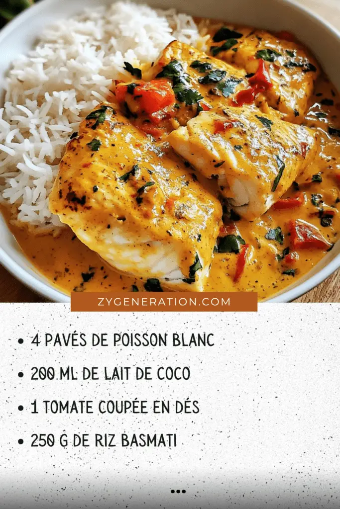 Poisson blanc mijoté au lait de coco avec riz au gingembre, garni de coriandre fraîche dans une assiette élégante.