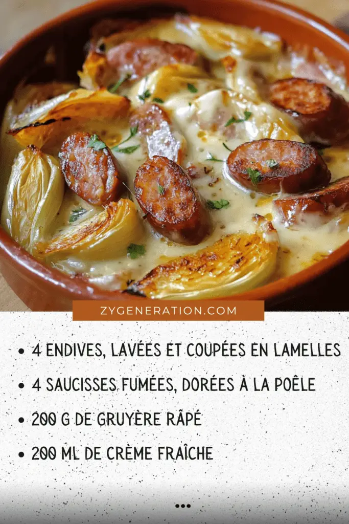 Fondue d’endives gratinée avec des saucisses fumées, servie dans un plat à gratin doré et fumant