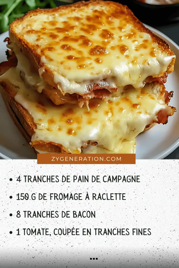 Croque monsieur montagnard doré, garni de fromage à raclette fondant et de bacon croustillant, accompagné de basilic frais