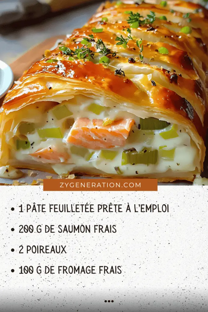 Feuilleté saumon et poireaux doré, croustillant et garni de fromage frais, servi sur une assiette élégante